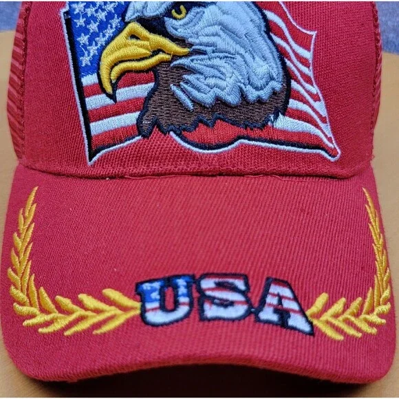 Embroidered USA Bald Eagle Shadow Snapback Trucker Hat Red American Flag Cap - Picture 12 of 16